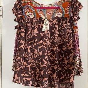 Easel Cap Sleeve Mixed Pattern Blouse Size M NWT